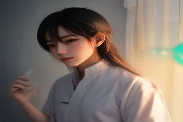 白色的无线耳机放在浅灰色桌面上,旁边是编织数据线,窗边自然光